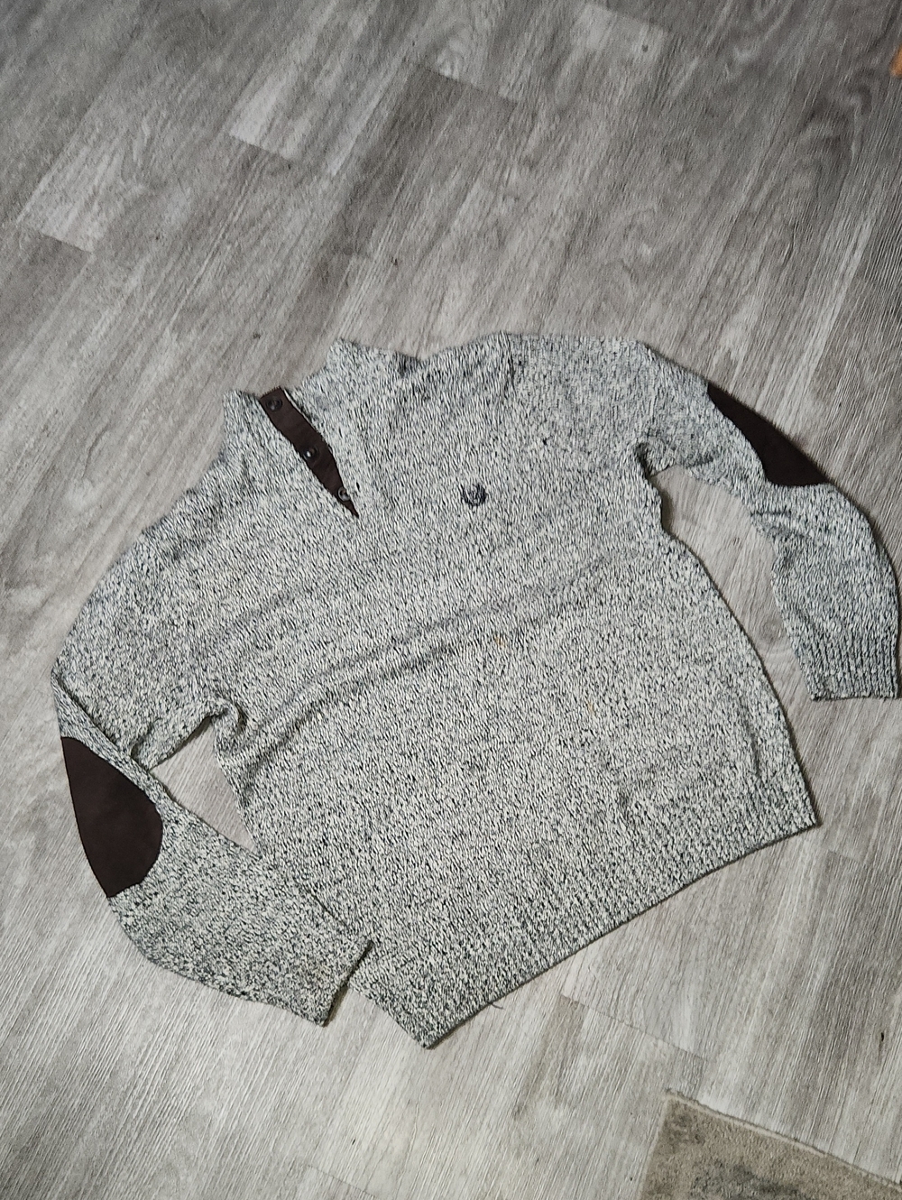 Chaps Gray Marled Sweater with Brown Elbow Patches